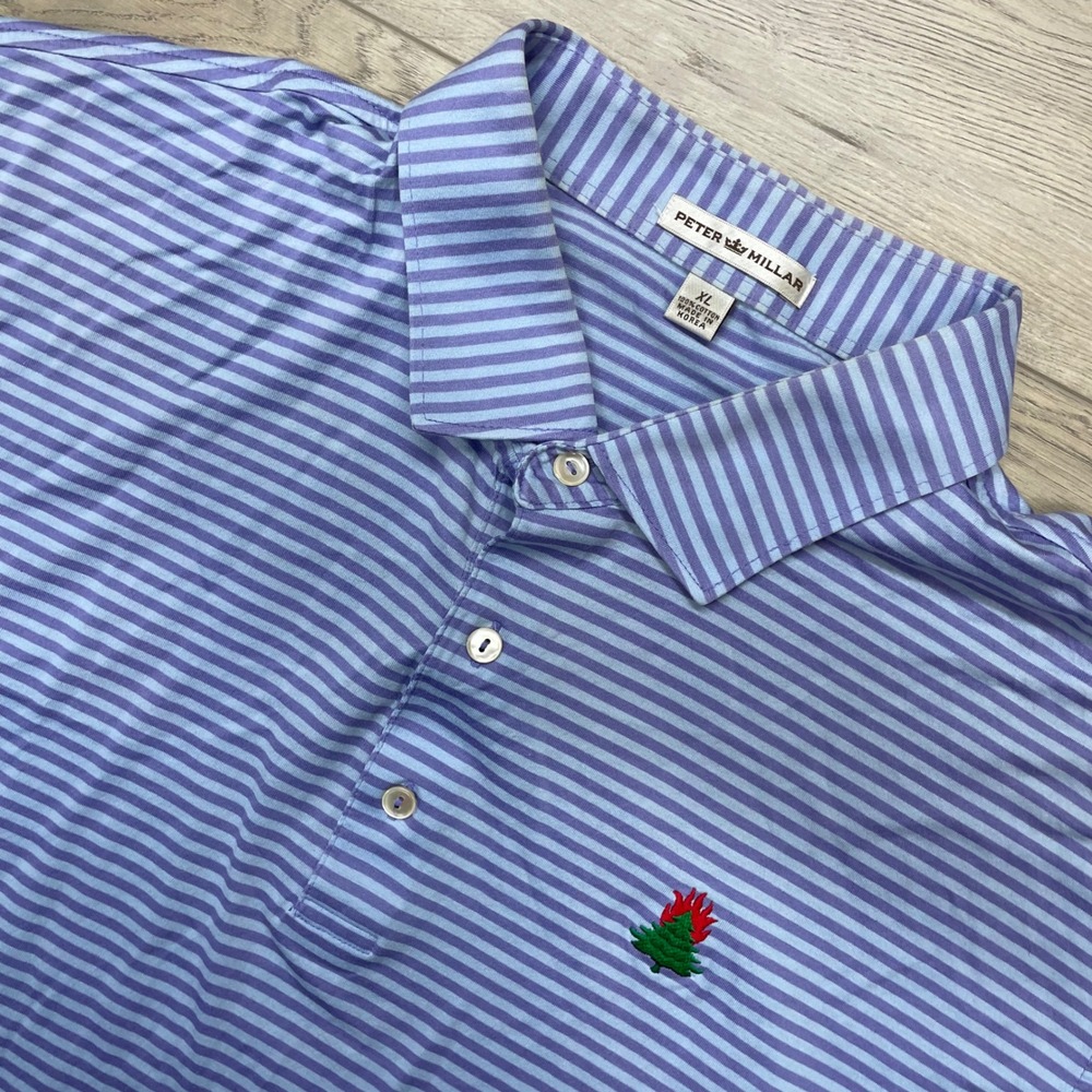 Peter Millar Polo Shirt Mens XL Blue Striped Burning Tree Club MS14K02S
